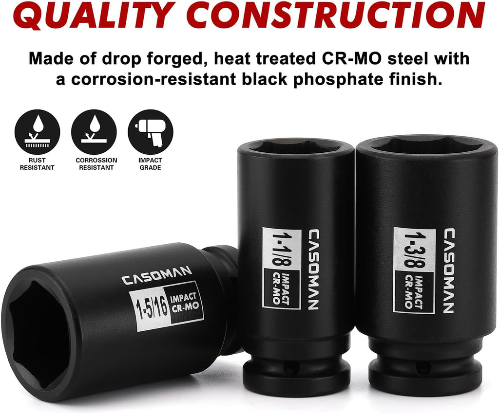 CASOMAN 3/4" Drive Deep Impact Socket Set, 8 Piece Set, SAE Sizes (1-Inch to 1-1/2-Inch), 6 Point, 3/4" Dr. Heavy Duty Impact Socket Set