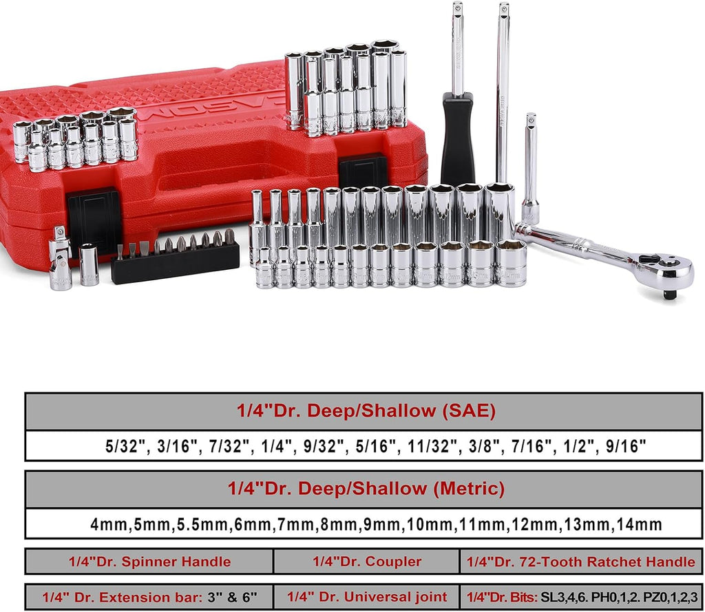 CASOMAN 1/4-Inch Drive Master Socket Set with Ratchets,Universal Joint, Extensions with 1/4’‘ Dr. Bits Set