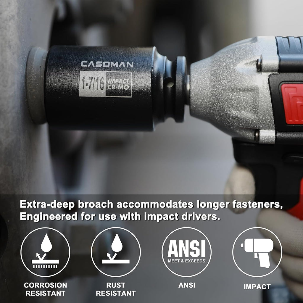 CASOMAN 3/4" Drive Deep Impact Socket Set, 8 Piece Set, SAE Sizes (1-Inch to 1-1/2-Inch), 6 Point, 3/4" Dr. Heavy Duty Impact Socket Set