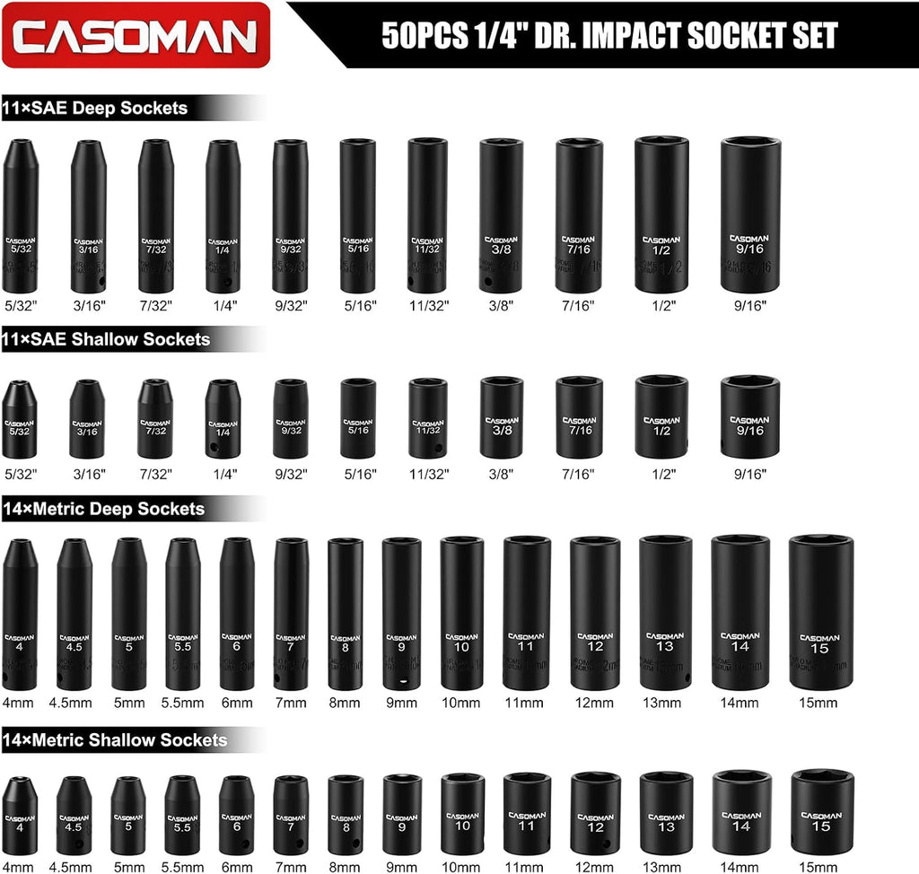 CASOMAN 1/4 Inch Drive Master Impact Socket Set, 50-Piece, SAE/Metric, 5/32 Inch - 9/16 Inch, 4mm - 15mm, Shallow/Deep,CR-V