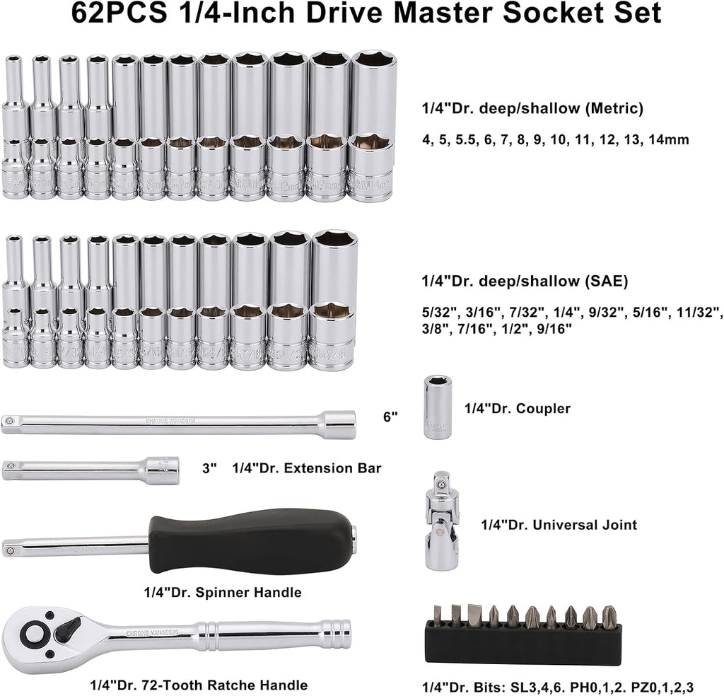 CASOMAN 1/4-Inch Drive Master Socket Set with Ratchets,Universal Joint, Extensions with 1/4’‘ Dr. Bits Set