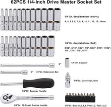 Load image into Gallery viewer, CASOMAN 1/4-Inch Drive Master Socket Set with Ratchets,Universal Joint, Extensions with 1/4’‘ Dr. Bits Set