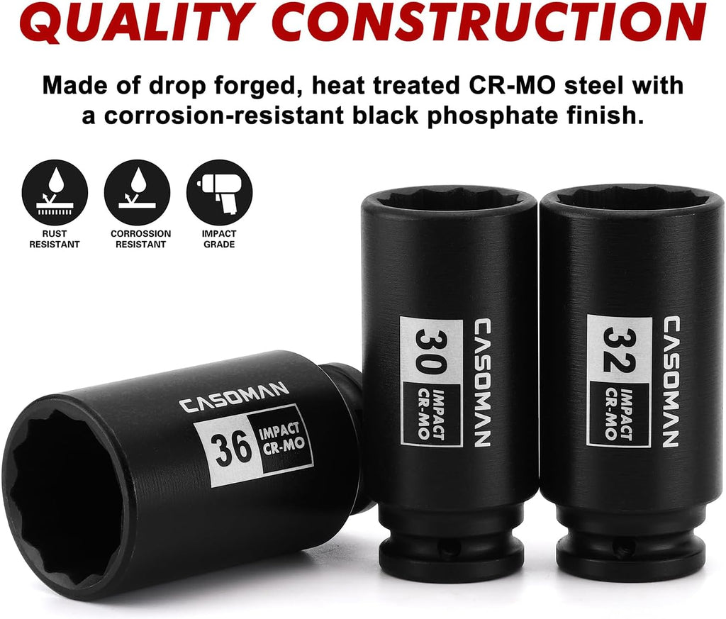 CASOMAN 1/2-Inch Drive Deep Spindle Axle Nut Impact Socket Set,12 Point, 8 Piece 1/2" Heavy Duty Impact Socket Set