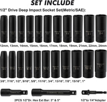 Load image into Gallery viewer, CASOMAN 25PCS 1/2" Drive Impact Socket Set, Deep, Cr-V Steel, 6 Point, Metric&amp;SAE, 12mm to 24mm, 3/8 Inch to 1 Inch, Includes Extension Bars: 3-inch, 5-inch, 1/2-1/4 adapter