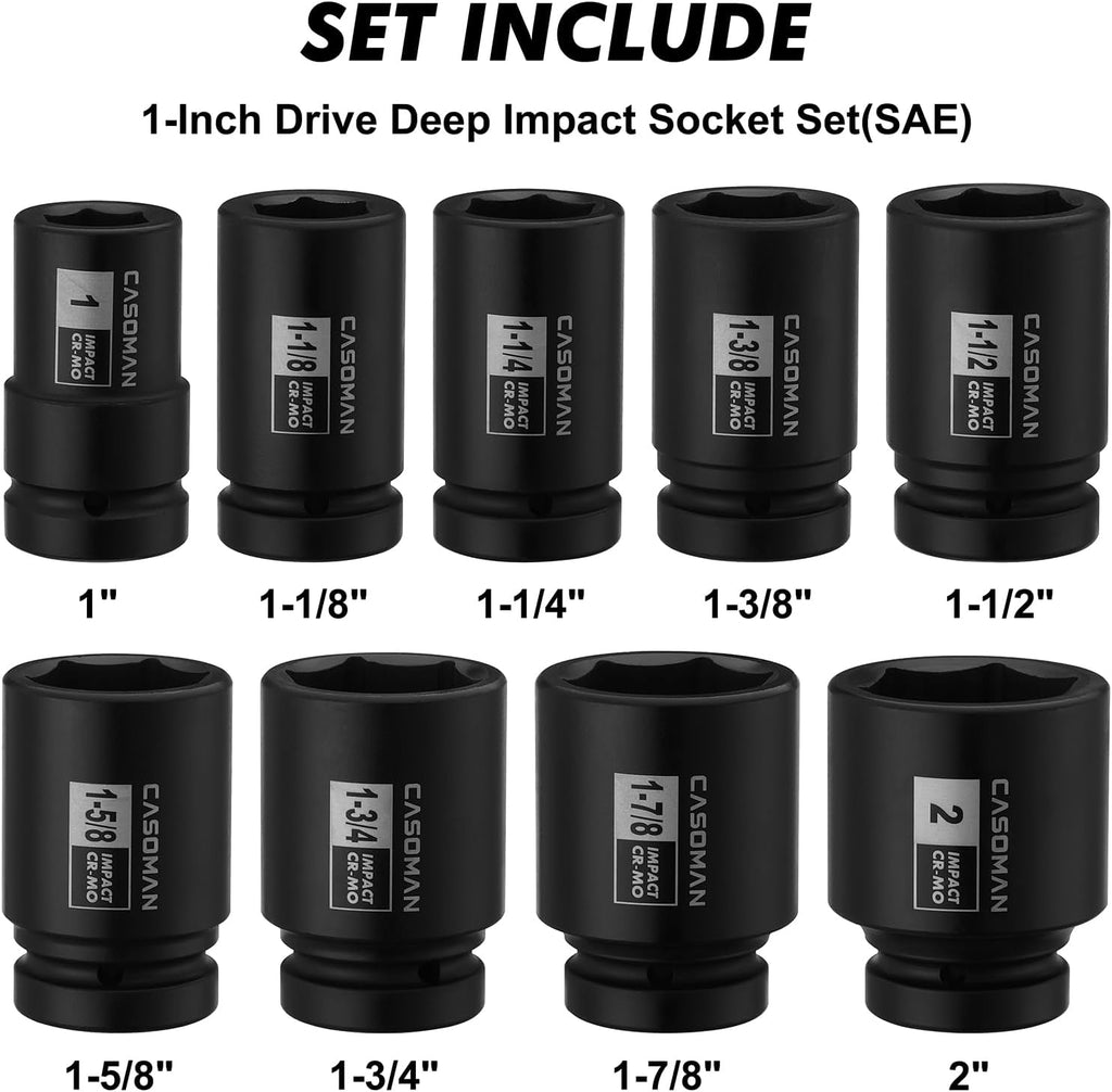CASOMAN 1-Inch Drive Spindle Axle Nut Impact Socket Set, Deep, 1" to 2", 9PCS Impact Large Socket Set, 6-Point, SAE, CR-MO