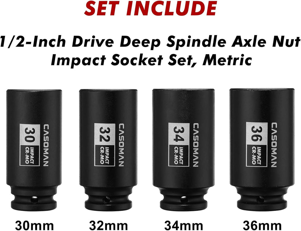 CASOMAN 1/2-Inch Drive Deep Spindle Axle Nut Impact Socket Set,12 Point, Metric, CR-MO, 30,32,34,36mm, 4-Piece 1/2" Heavy Duty Impact Socket Set