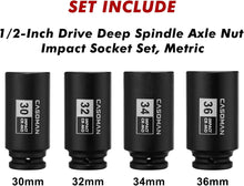 Load image into Gallery viewer, CASOMAN 1/2-Inch Drive Deep Spindle Axle Nut Impact Socket Set,12 Point, Metric, CR-MO, 30,32,34,36mm, 4-Piece 1/2" Heavy Duty Impact Socket Set
