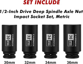 CASOMAN 1/2-Inch Drive Deep Spindle Axle Nut Impact Socket Set,12 Point, Metric, CR-MO, 30,32,34,36mm, 4-Piece 1/2