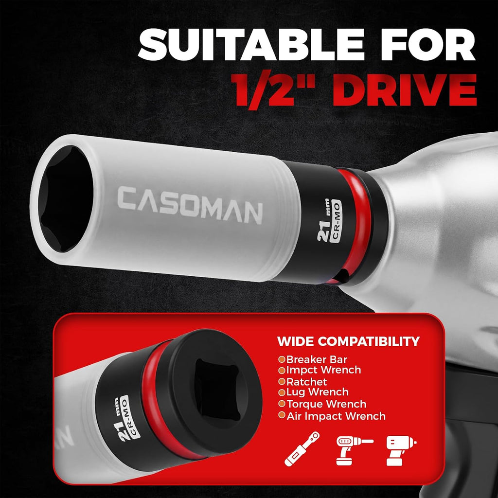 CASOMAN 4PCS 1/2" Drive Lug Nut Impact Socket Set, Non-Marring Thin Wall Wheel Protector, Color-Coded, 17mm 19mm 21mm 22mm, 6-Point, CR-MO