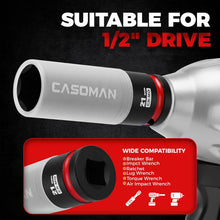 Load image into Gallery viewer, CASOMAN 4PCS 1/2" Drive Lug Nut Impact Socket Set, Non-Marring Thin Wall Wheel Protector, Color-Coded, 17mm 19mm 21mm 22mm, 6-Point, CR-MO