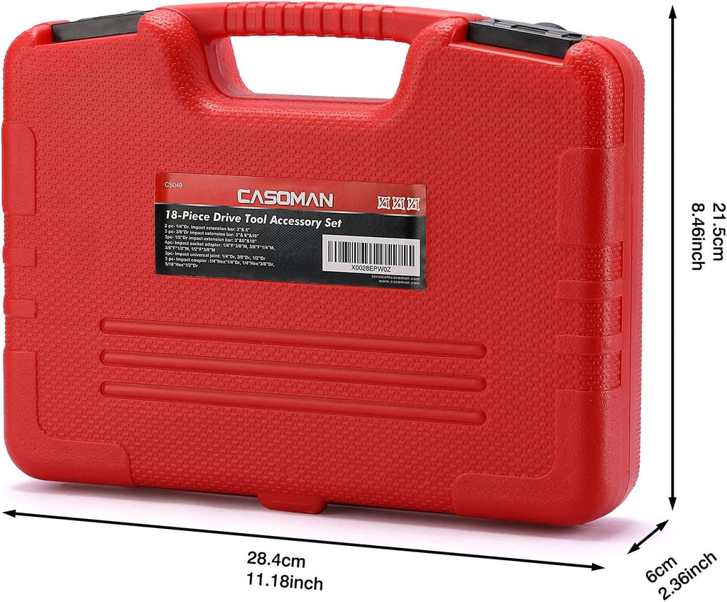 CASOMAN 18-Piece Drive Tool Accessory Set, Black Phosphate Finish, Includes Socket Adapters, Extensions and Universal Joints and Impact Coupler