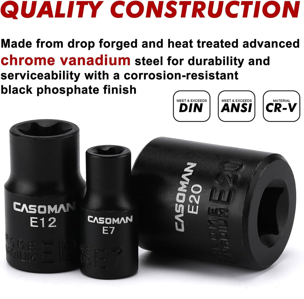 CASOMAN 11PCS Female Torx Socket Set, E Torx & Star Socket Set with Rail, E4 - E20 Torque Sockets