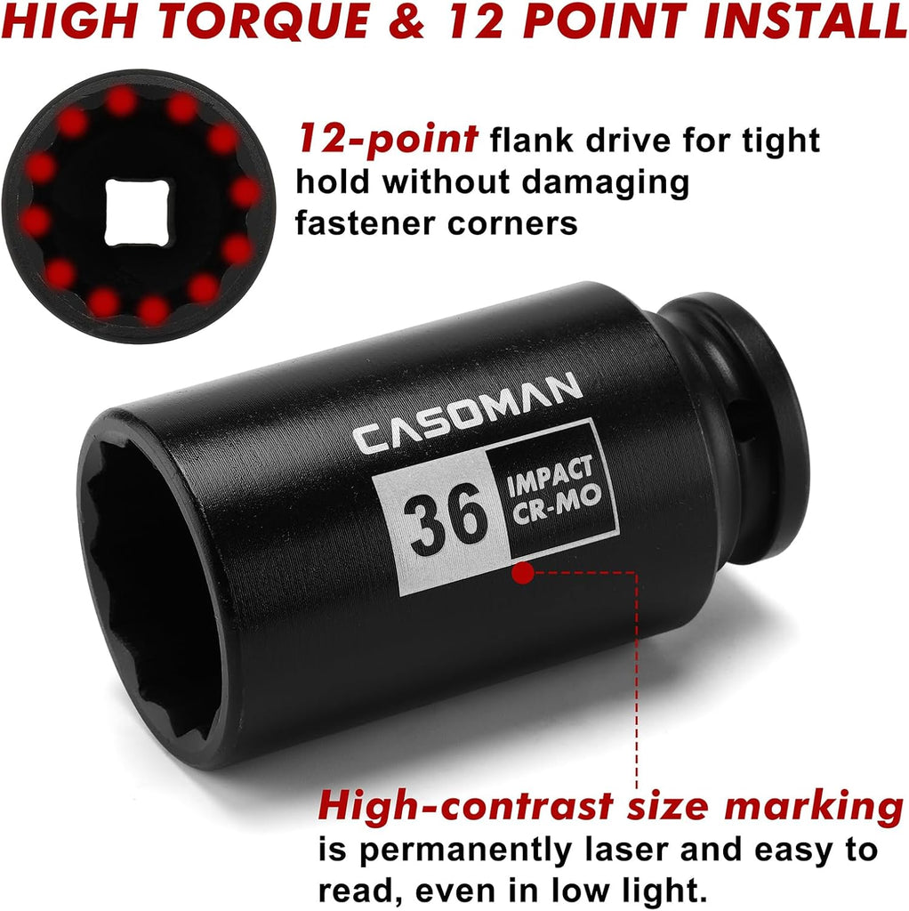 CASOMAN 1/2-Inch Drive Deep Spindle Axle Nut Impact Socket Set,12 Point, Metric, CR-MO, 30,32,34,36mm, 4-Piece 1/2" Heavy Duty Impact Socket Set