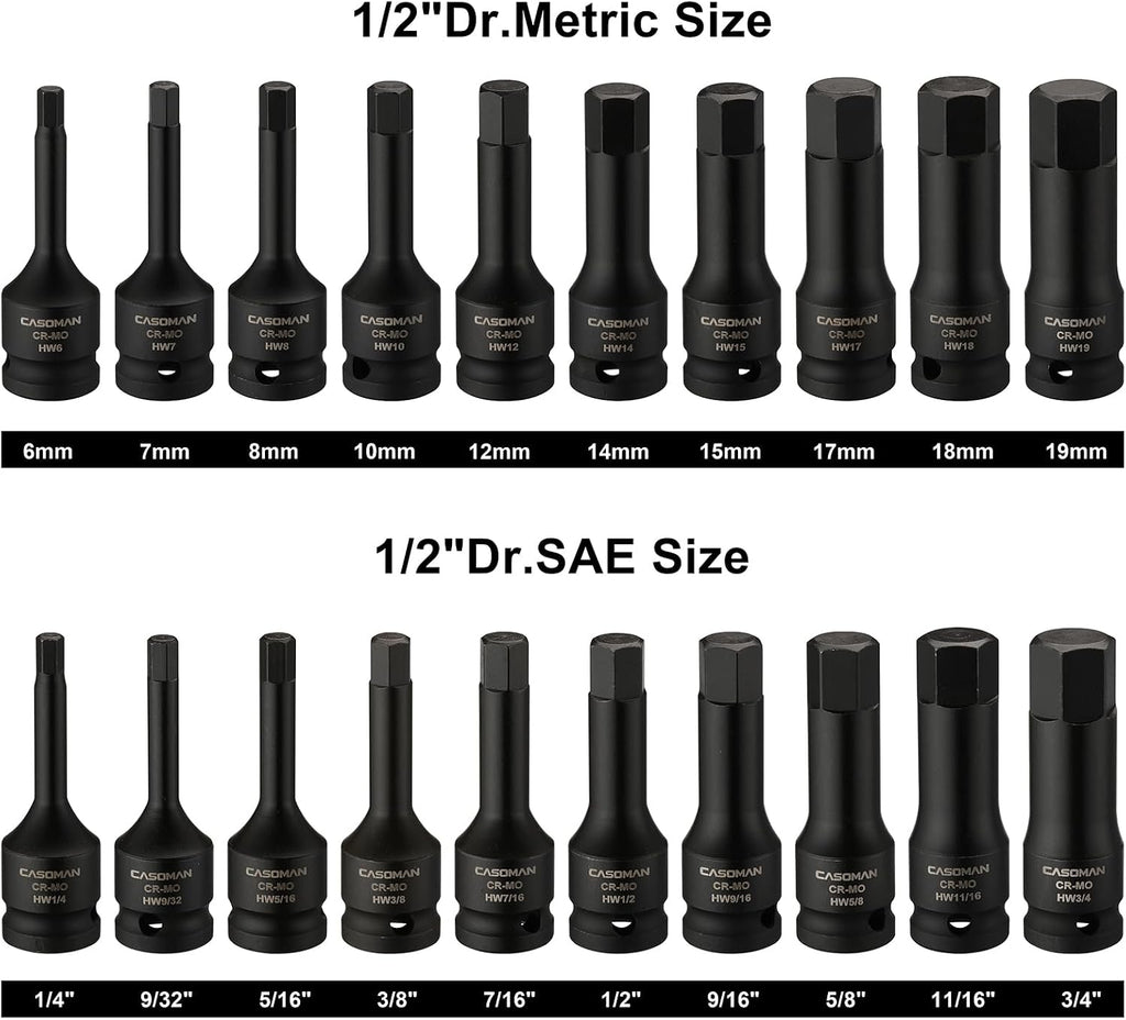 CASOMAN 1/2" Drive Master Impact Hex Bit Set, Hex Driver, SAE/Metric, 1/4" - 3/4", 6mm - 19mm, 20-Piece 1/2" Drive Allen Bit Socket Set