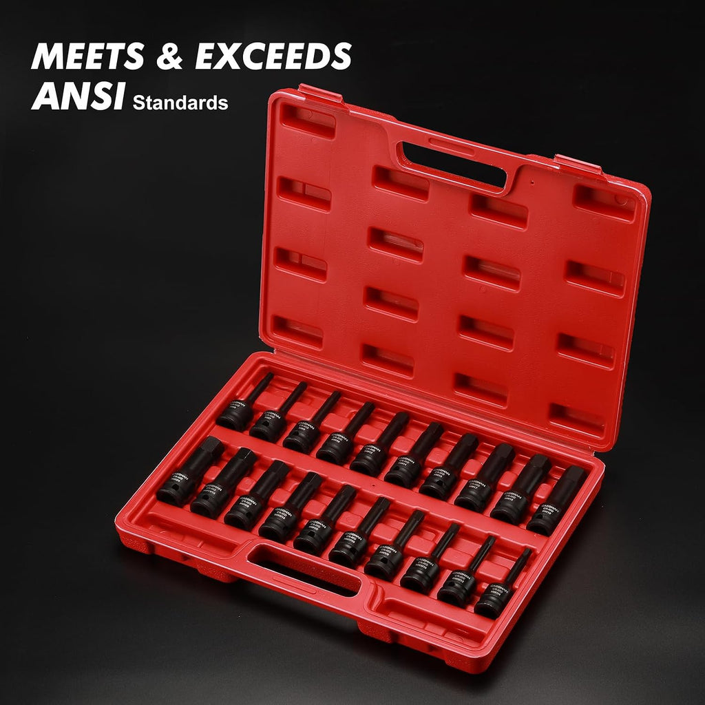 CASOMAN 1/2" Drive Master Impact Hex Bit Set, Hex Driver, SAE/Metric, 1/4" - 3/4", 6mm - 19mm, 20-Piece 1/2" Drive Allen Bit Socket Set