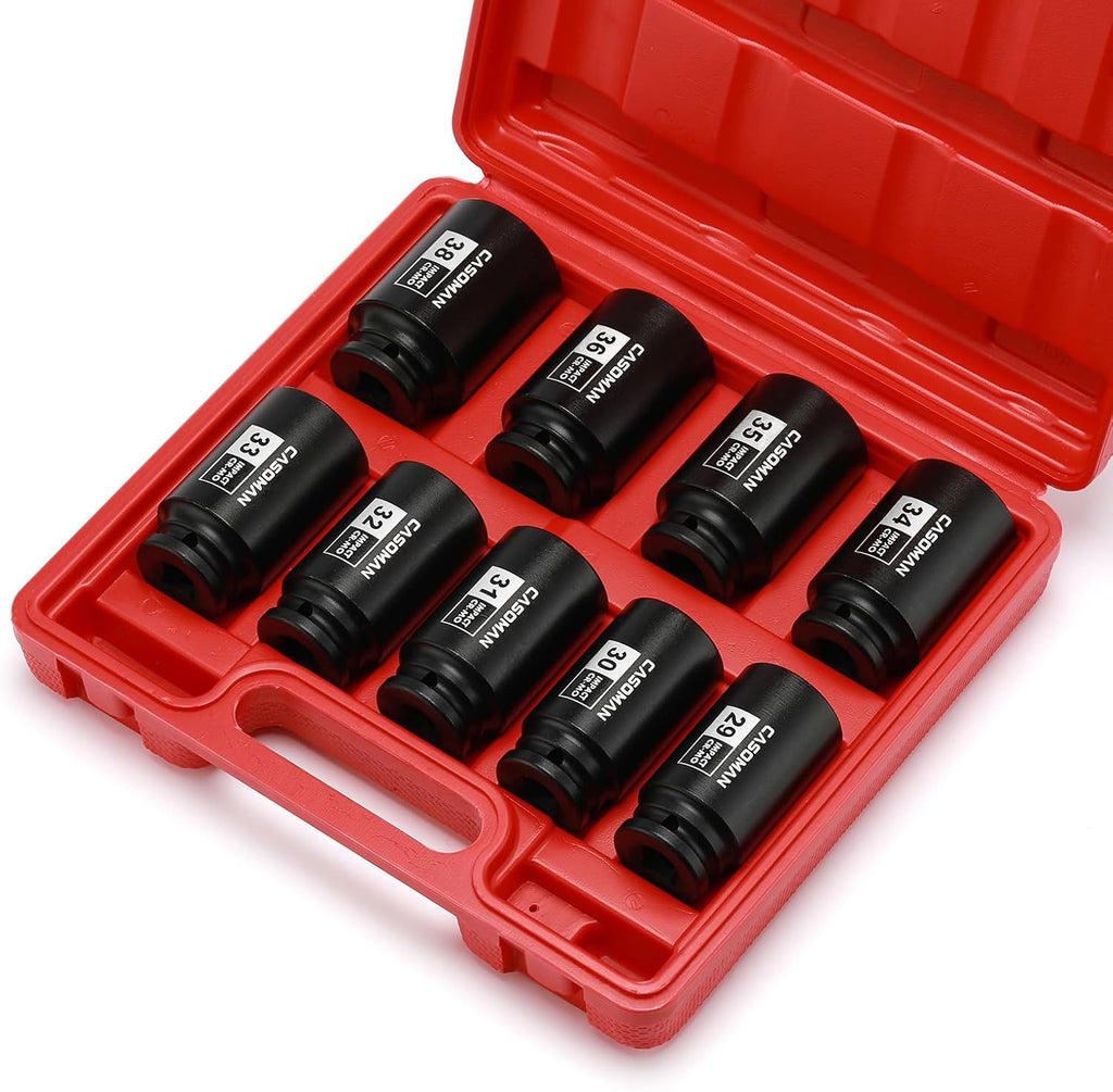 CASOMAN 1/2- Inch Drive Deep Spindle Axle Nut Impact Socket Set, 6 Point, CR-MO, Metric, 29mm-38mm, 9-Piece 1/2" Dr. Deep Impact Socket Set