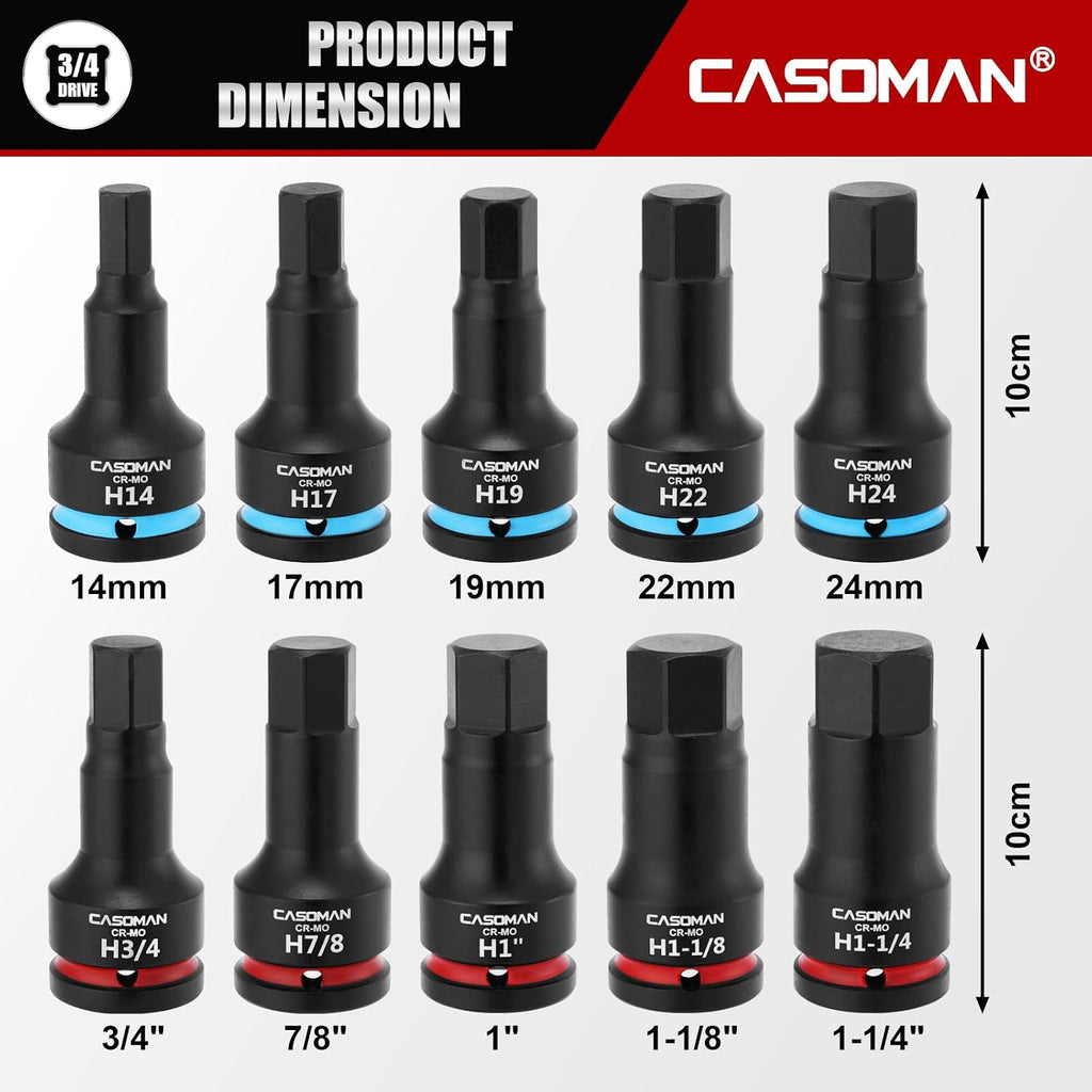 CASOMAN 3/4-Inch Drive Impact Hex Bit Driver Set, 10 Pieces Allen Bit Socket Set with Storage Case, Metric & SAE, CR-MO Steel, Impact Grade, One-Piece Construction