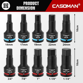 CASOMAN 3/4-Inch Drive Impact Hex Bit Driver Set, 10 Pieces Allen Bit Socket Set with Storage Case, Metric & SAE, CR-MO Steel, Impact Grade, One-Piece Construction