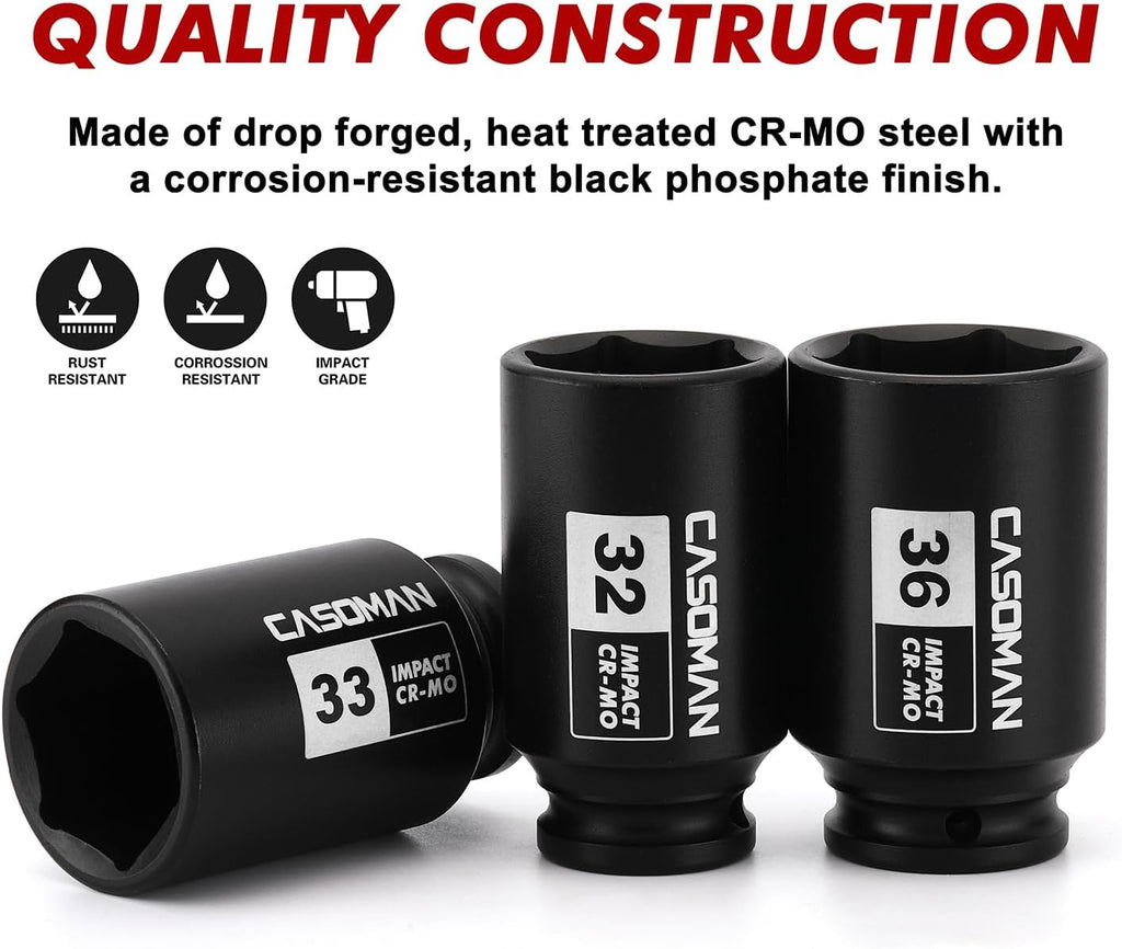 CASOMAN 1/2'' Drive Deep Spindle Axle Nut Impact Socket Set, 6 Point,Heavy Duty Use In Removing And Installing Axle Nuts