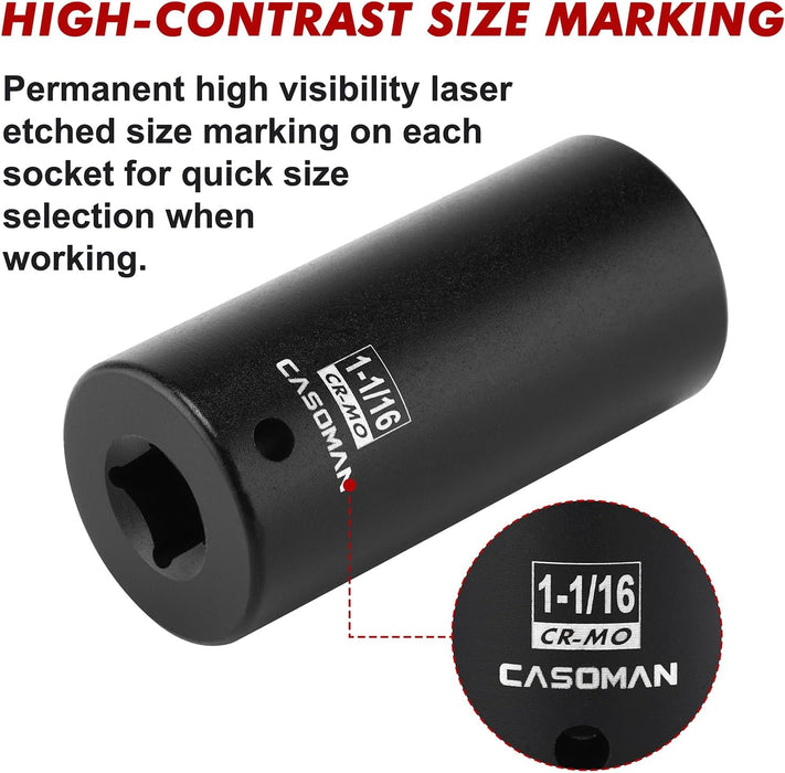 CASOMAN 1/2" Drive x 1-1/16" Deep Impact Socket, 6-Point, SAE, CR-MO