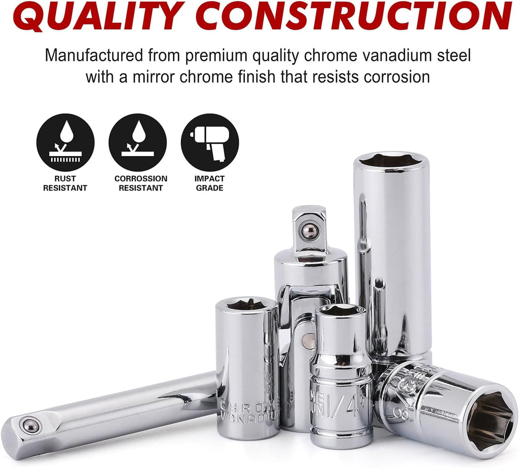 CASOMAN 1/4-Inch Drive Master Socket Set with Ratchets,Universal Joint, Extensions with 1/4’‘ Dr. Bits Set