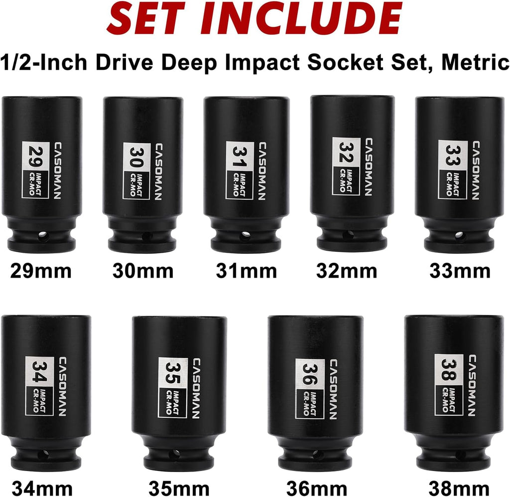 CASOMAN 1/2- Inch Drive Deep Spindle Axle Nut Impact Socket Set, 6 Point, CR-MO, Metric, 29mm-38mm, 9-Piece 1/2" Dr. Deep Impact Socket Set