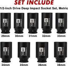 Load image into Gallery viewer, CASOMAN 1/2- Inch Drive Deep Spindle Axle Nut Impact Socket Set, 6 Point, CR-MO, Metric, 29mm-38mm, 9-Piece 1/2" Dr. Deep Impact Socket Set
