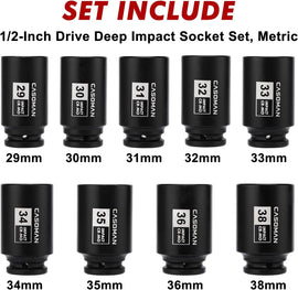 CASOMAN 1/2- Inch Drive Deep Spindle Axle Nut Impact Socket Set, 6 Point, CR-MO, Metric, 29mm-38mm, 9-Piece 1/2