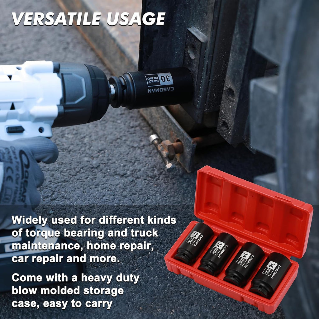 CASOMAN 1/2-Inch Drive Deep Spindle Axle Nut Impact Socket Set,12 Point, Metric, CR-MO, 30,32,34,36mm, 4-Piece 1/2" Heavy Duty Impact Socket Set