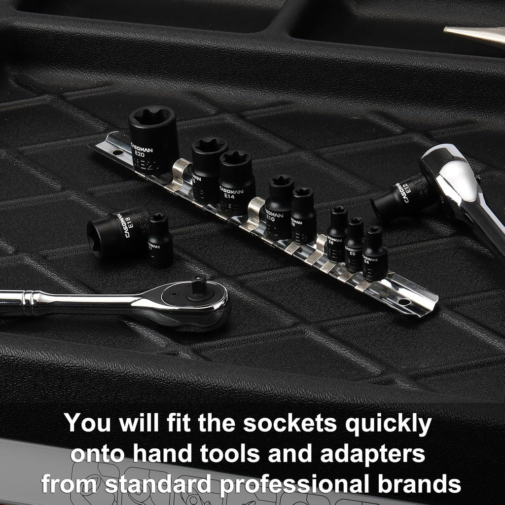 CASOMAN 11PCS Female Torx Socket Set, E Torx & Star Socket Set with Rail, E4 - E20 Torque Sockets
