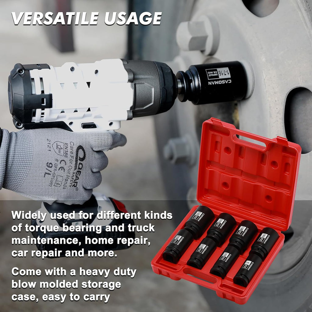 CASOMAN 3/4" Drive Deep Impact Socket Set, 8 Piece Set, SAE Sizes (1-Inch to 1-1/2-Inch), 6 Point, 3/4" Dr. Heavy Duty Impact Socket Set