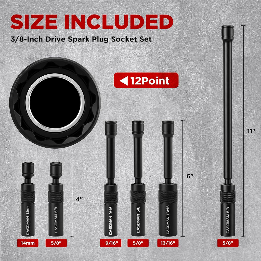 CASOMAN 6PCS Magnetic Swivel Spark Plug Socket Set, 3/8-Inch Drive, 12-Point Socket Set with 9/16", 5/8", 13/16", 14mm Sockets, 4", 6" & 11" Length，CR-V