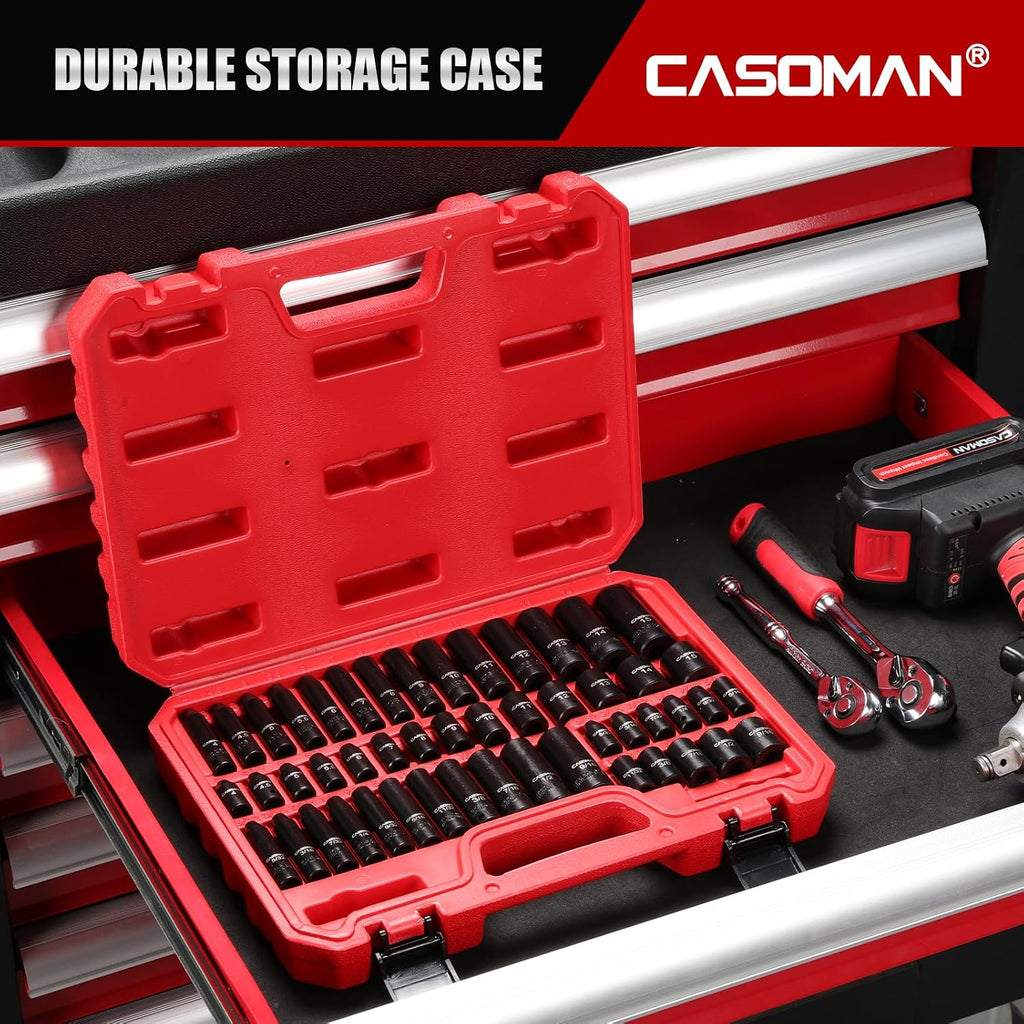 CASOMAN 1/4 Inch Drive Master Impact Socket Set, 50-Piece, SAE/Metric, 5/32 Inch - 9/16 Inch, 4mm - 15mm, Shallow/Deep,CR-V