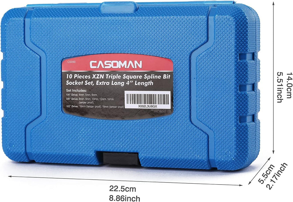 CASOMAN 10 Piece Spline Tip Bit Socket Set, M-Type, S2 and Cr-V Steel, Extra Long 4'' Length, M4-M18, XZN Triple Square Spline Bit Socket Set