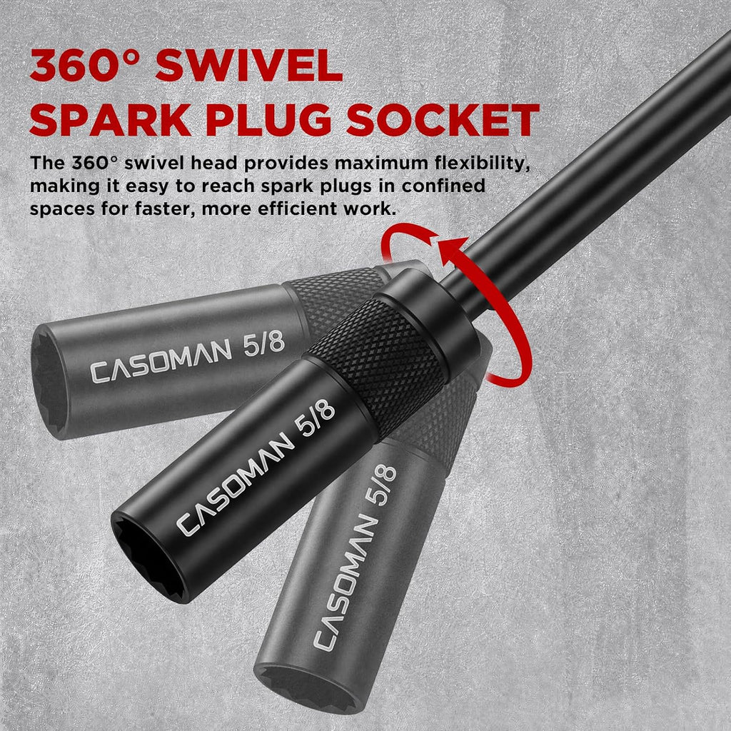 CASOMAN 6PCS Magnetic Swivel Spark Plug Socket Set, 3/8-Inch Drive, 12-Point Socket Set with 9/16", 5/8", 13/16", 14mm Sockets, 4", 6" & 11" Length，CR-V