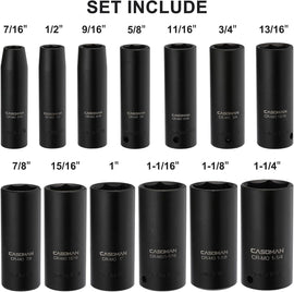CASOMAN 13-Piece 1/2-Inch Drive Deep Impact Socket Set, SAE 7/16–1-1/4 Inch, CR-MO, Heavy-Duty Storage Case
