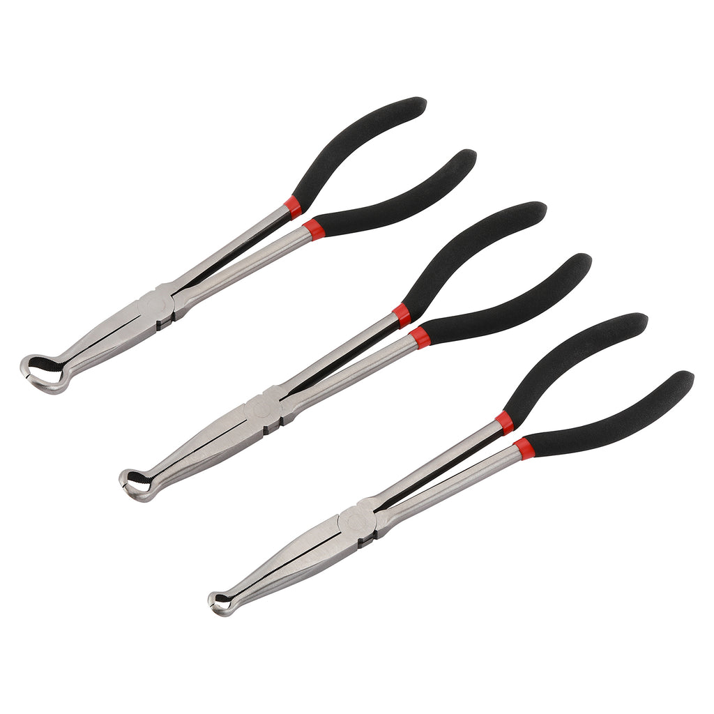 CASOMAN 3Pcs 11" Hose Gripper Plier Set, Black & Red, 5/16-Inch, 1/2-Inch, 3/4-Inch Dia, Offset Spark Plug Boot Removal Pliers Serrated Jaws for Hard to Reach Narrow Spaces