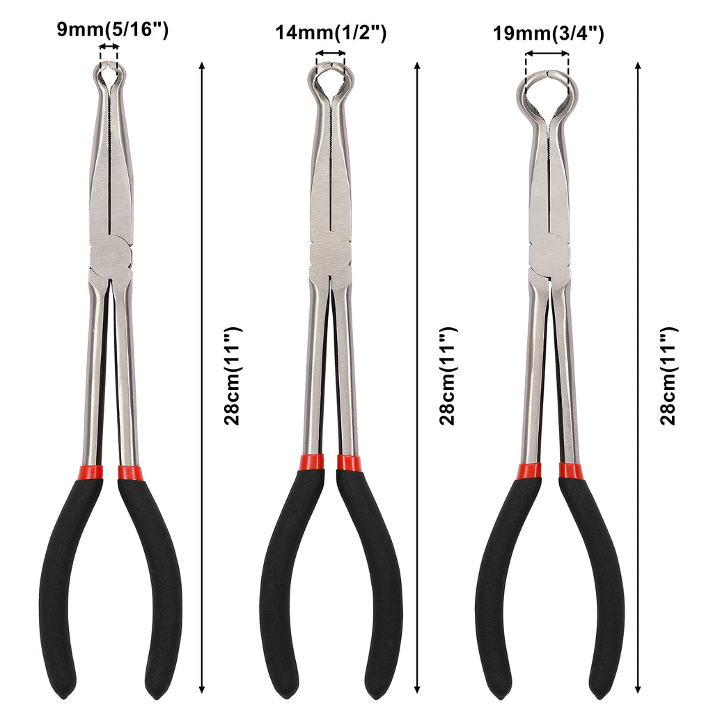 CASOMAN 3Pcs 11" Hose Gripper Plier Set, Black & Red, 5/16-Inch, 1/2-Inch, 3/4-Inch Dia, Offset Spark Plug Boot Removal Pliers Serrated Jaws for Hard to Reach Narrow Spaces