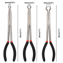 Load image into Gallery viewer, CASOMAN 3Pcs 11" Hose Gripper Plier Set, Black &amp; Red, 5/16-Inch, 1/2-Inch, 3/4-Inch Dia, Offset Spark Plug Boot Removal Pliers Serrated Jaws for Hard to Reach Narrow Spaces