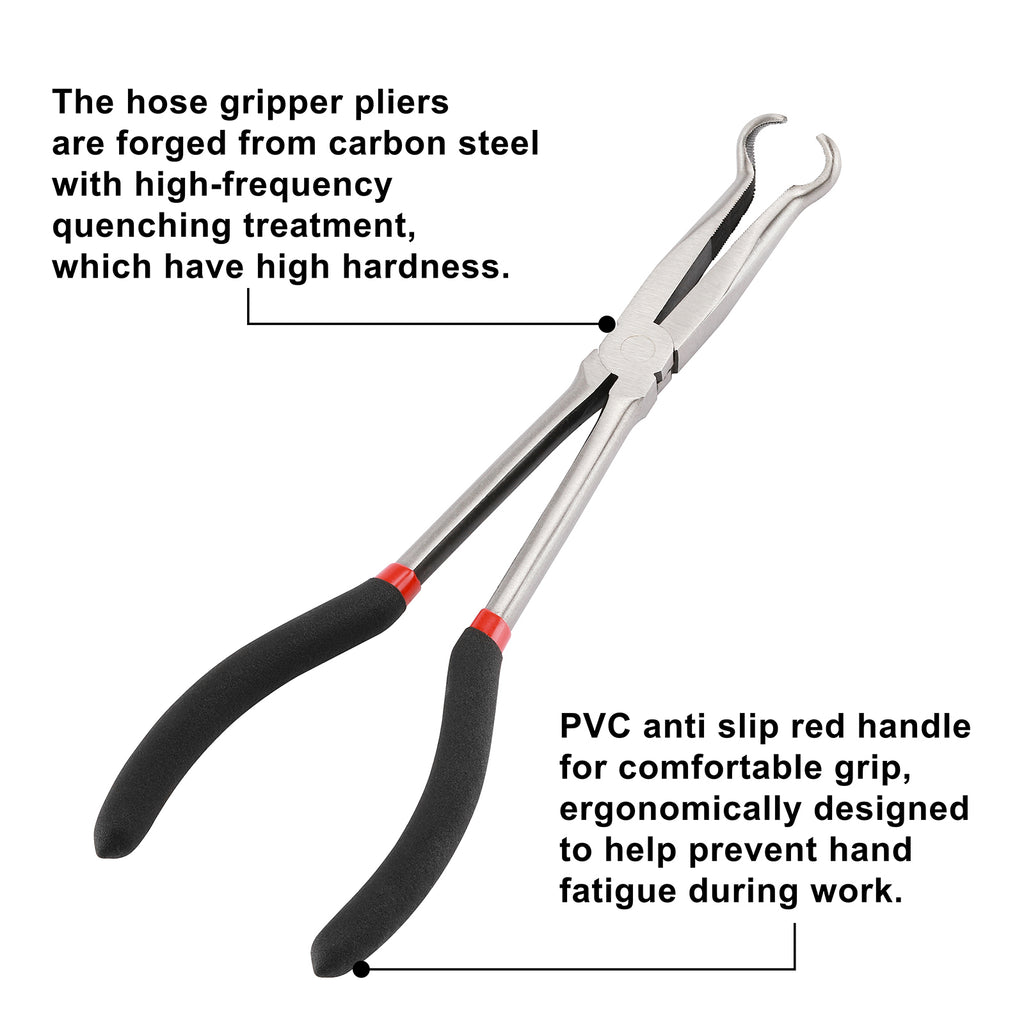 CASOMAN 3Pcs 11" Hose Gripper Plier Set, Black & Red, 5/16-Inch, 1/2-Inch, 3/4-Inch Dia, Offset Spark Plug Boot Removal Pliers Serrated Jaws for Hard to Reach Narrow Spaces