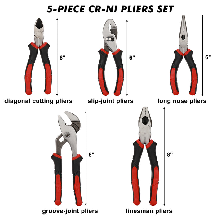 CASOMAN 5-Piece Cr-Ni Pliers Set, 6" Long Nose Pliers, 6" Slip Joint Pliers, 6" Diagonal Cutting Pliers, 8" Linesman Pliers and 8" Groove Joint Pliers