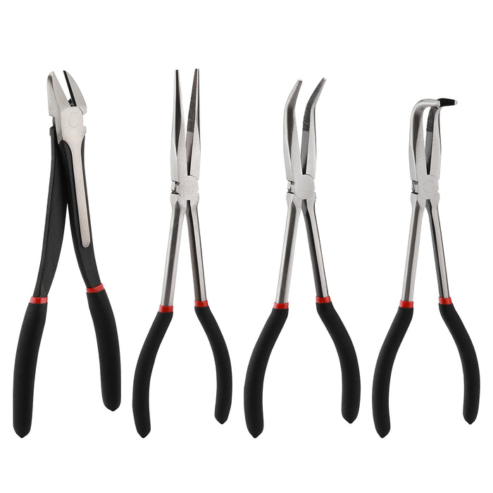 CASOMAN 4 PCS Extra Long Needle Nose Pliers Set, Include 11" Long Nose Plier, 90° & 45° Bent Nose Pliers, Long Diagonal Cutting Plier, Non-slip handle