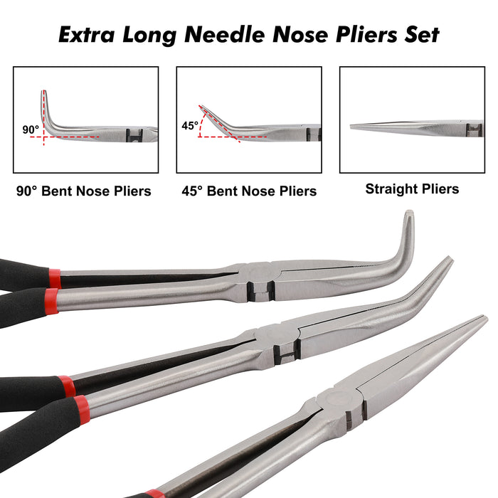 CASOMAN 4 PCS Extra Long Needle Nose Pliers Set, Include 11" Long Nose Plier, 90° & 45° Bent Nose Pliers, Long Diagonal Cutting Plier, Non-slip handle