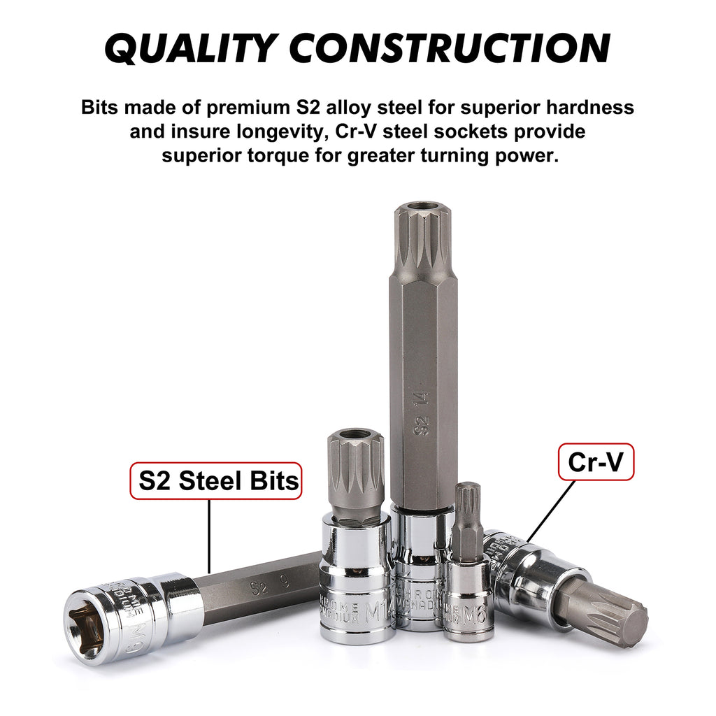CASOMAN Spline Tip Bit Socket & XZN Triple Square Spline Bit Socket Set, 1/2 & 3/8 & 1/4-Inch Drive, 20-Piece Set, M4-M18, 12 Point Tamper Proof, CR-V & S2 Steel