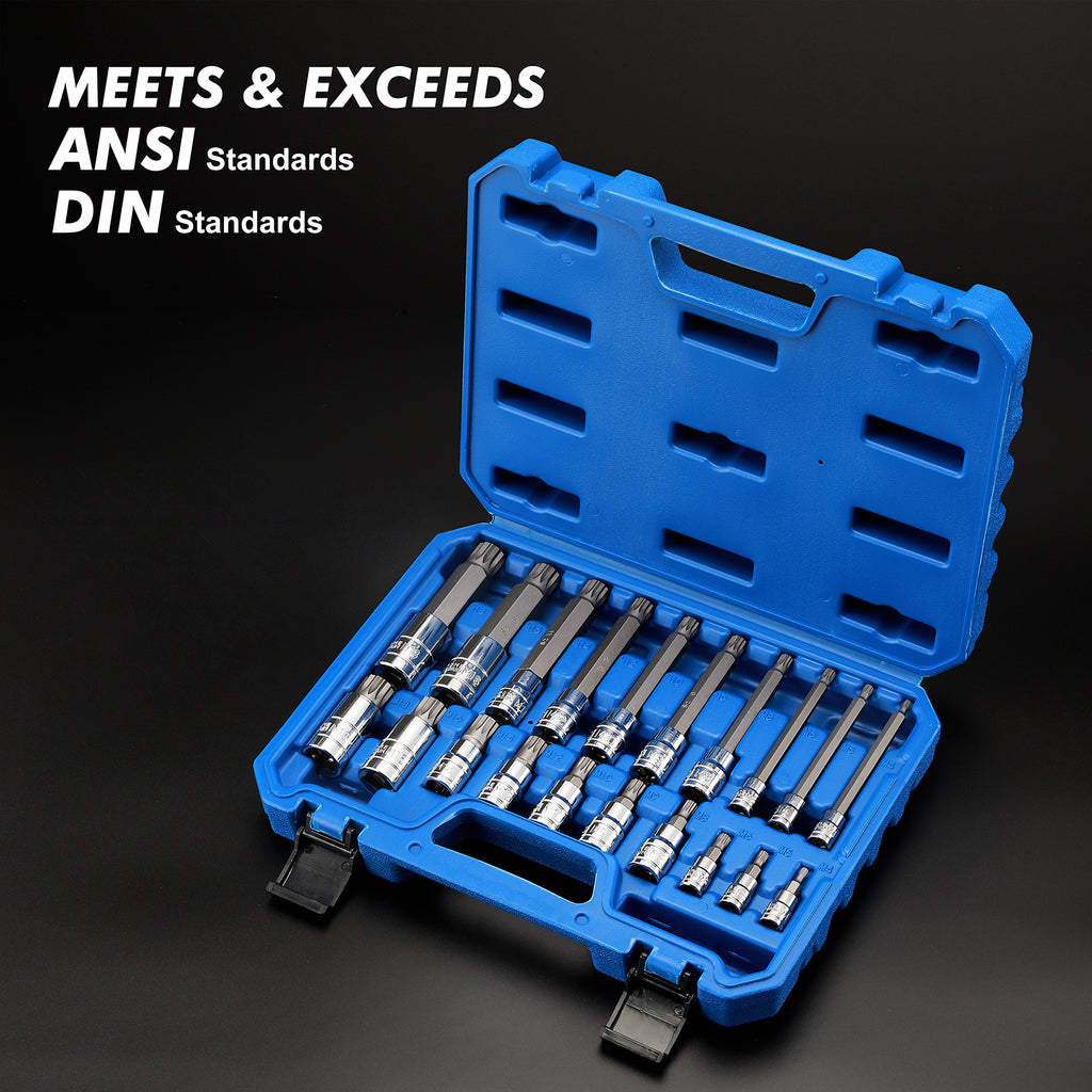 CASOMAN Spline Tip Bit Socket & XZN Triple Square Spline Bit Socket Set, 1/2 & 3/8 & 1/4-Inch Drive, 20-Piece Set, M4-M18, 12 Point Tamper Proof, CR-V & S2 Steel