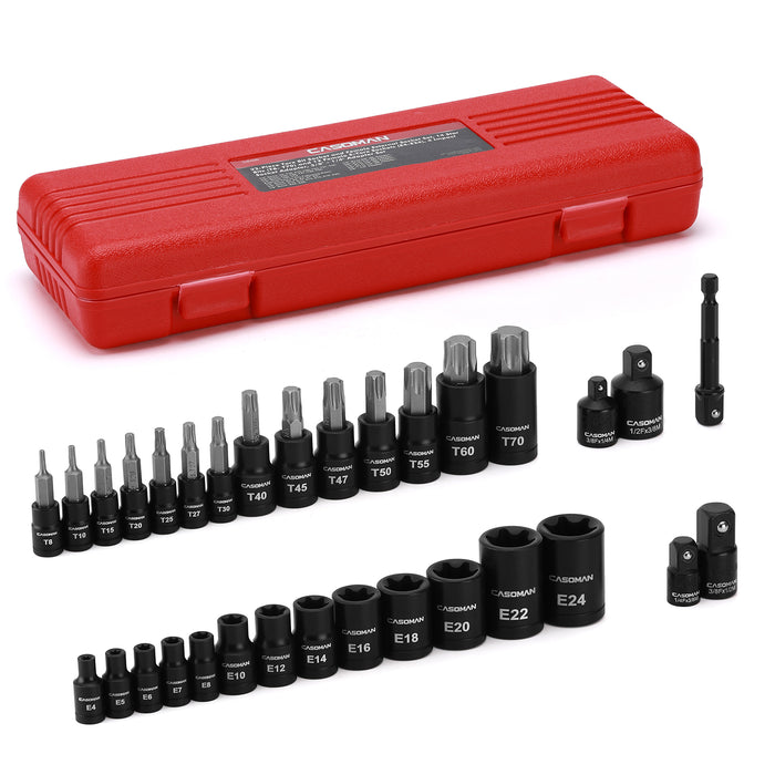 CASOMAN 32-Piece Torx Bit Socket and Female External Socket Set, 14 Star Bits (T8- T70) and 13 Female E-Torx Sockets (E4-E24), Include 5 Impact Socket Adapter