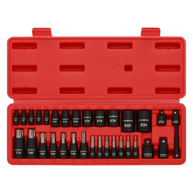 CASOMAN 32-Piece Torx Bit Socket and Female External Socket Set, 14 Star Bits (T8- T70) and 13 Female E-Torx Sockets (E4-E24), Include 5 Impact Socket Adapter