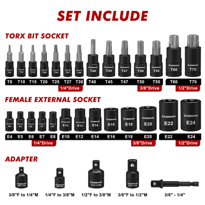 CASOMAN 32-Piece Torx Bit Socket and Female External Socket Set, 14 Star Bits (T8- T70) and 13 Female E-Torx Sockets (E4-E24), Include 5 Impact Socket Adapter