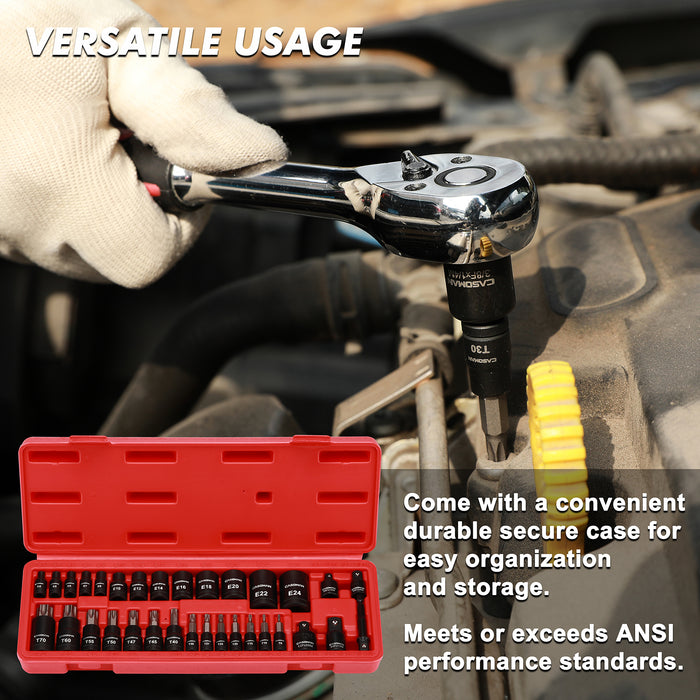 CASOMAN 32-Piece Torx Bit Socket and Female External Socket Set, 14 Star Bits (T8- T70) and 13 Female E-Torx Sockets (E4-E24), Include 5 Impact Socket Adapter