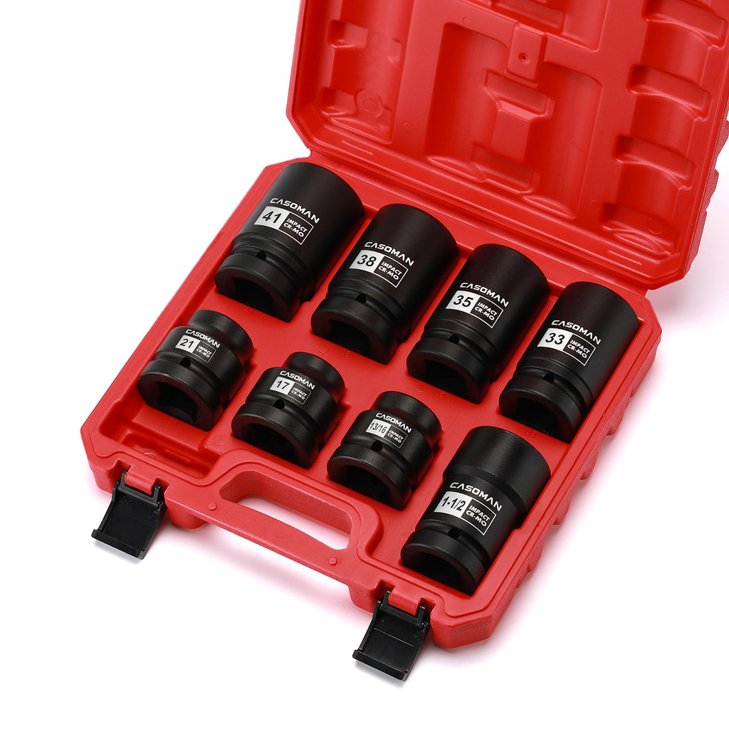 CASOMAN 8-Piece 1-Inch Drive Impact Socket Set, Metric & SAE, Truck Socket Wheel Service Impact Socket Set, 6-Point/Square Design, CR-MO